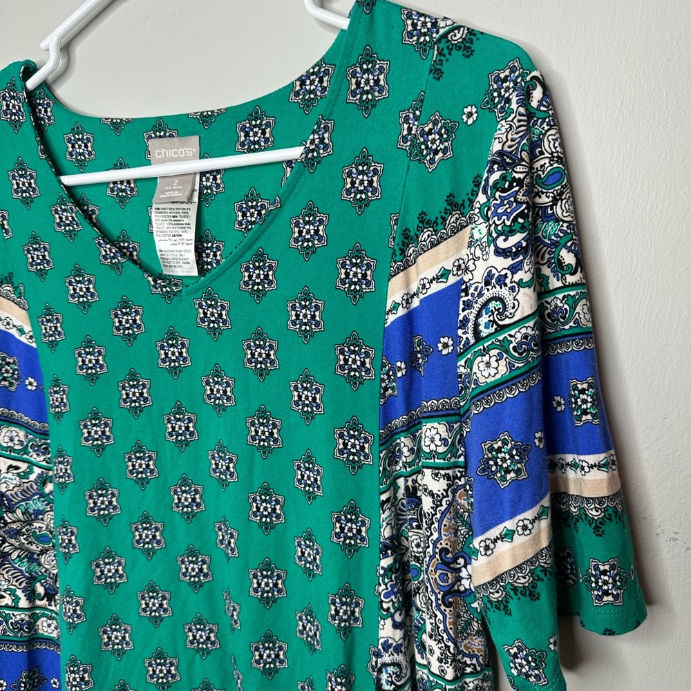 Chico's Bohemian Green And Blue Multi Print Top Size 2/Large - Picture 3 of 7